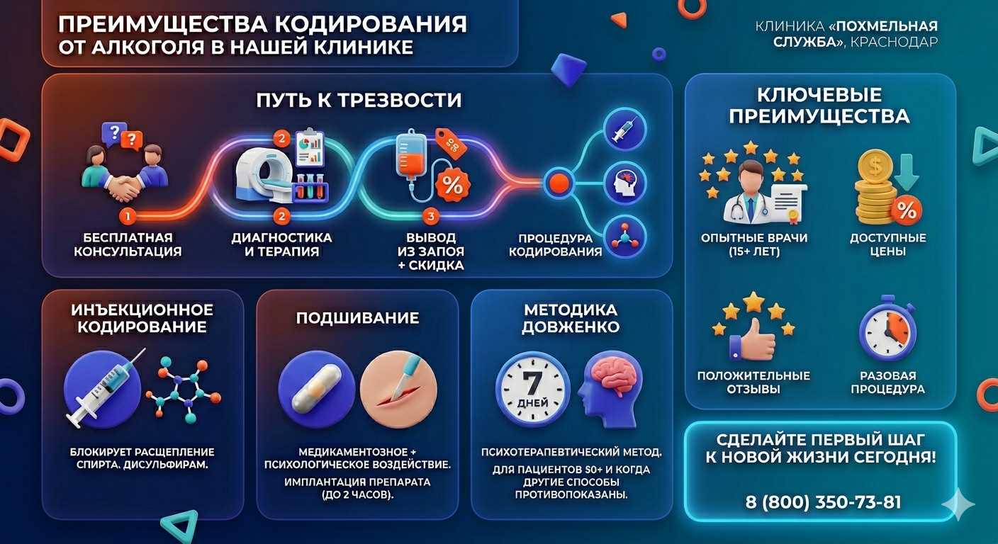 Инфографика о методах кодирования от алкоголя в Лесном: инъекции, подшивание, метод Довженко. Преимущества клиники и этапы лечения.